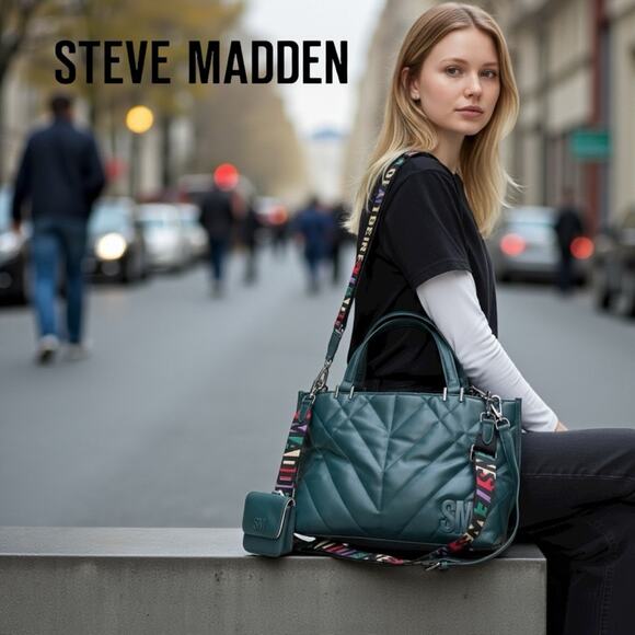 Steven Madden NWT Bmarin EMERALD GREEN 3 Way Tote w Coin Pouch Guitar Strap - Picture 2 of 9